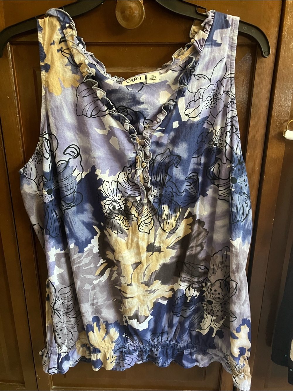 Cato Blue Cream Floral Ruffle Tank Top